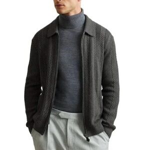 NEW Reiss Winnie Zip Through Cabled Cardigan Jumper Cotton Wool Grey Small NWT